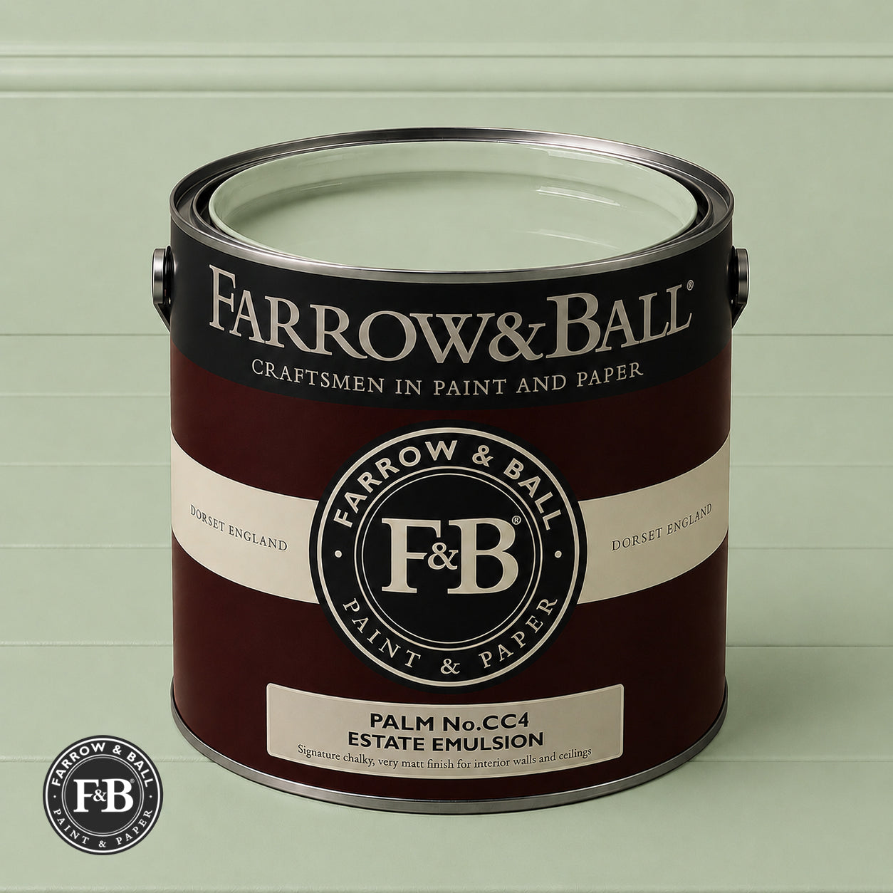 Farrow & Ball Palm No.CC4 Estate Emulsion paint colour sample and paint tin
