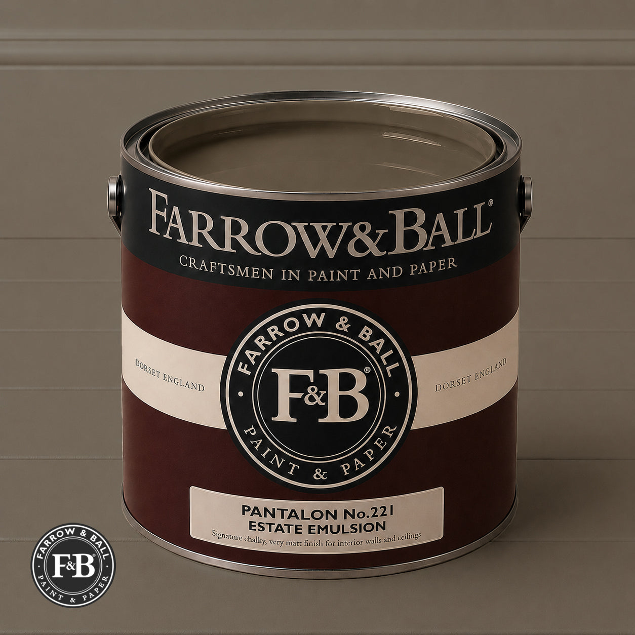 Farrow & Ball Pantalon No.221 Estate Emulsion paint colour sample and paint tin