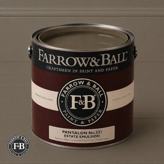 Farrow & Ball Pantalon No.221 Estate Emulsion paint colour sample and paint tin