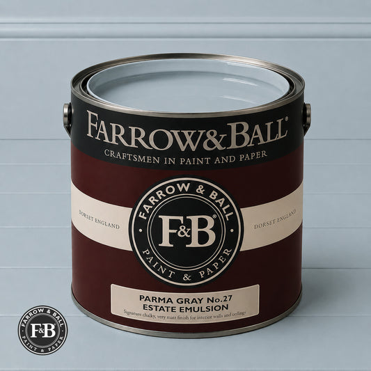Farrow & Ball Parma Gray No.27 paint colour in open paint tin