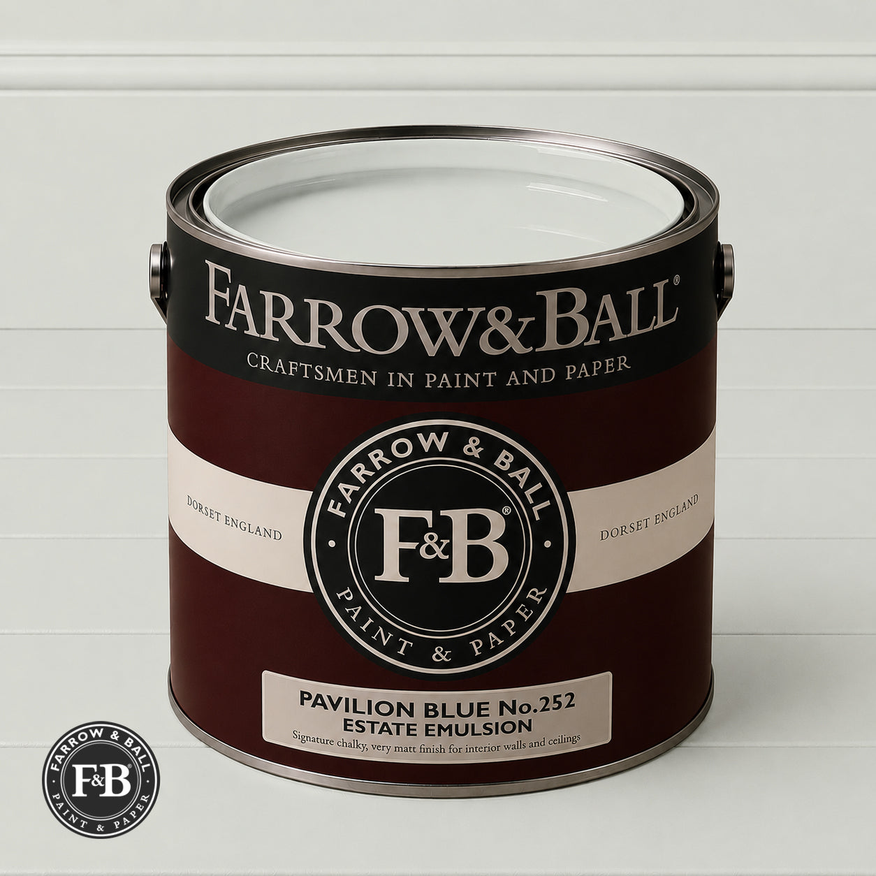 Farrow & Ball Pavilion Blue No.252 Estate Emulsion paint colour sample and paint tin
