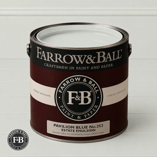 Farrow & Ball Pavilion Blue No.252 Estate Emulsion paint colour sample and paint tin
