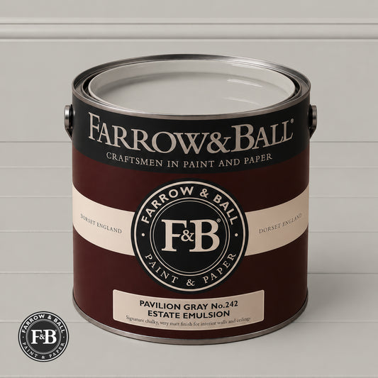 Farrow & Ball Pavilion Gray No.242 paint colour in open paint tin