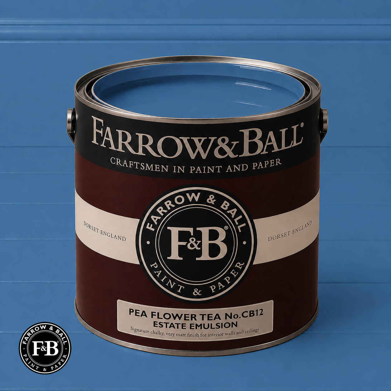 Farrow & Ball Pea Flower Tea No.CB12 Estate Emulsion paint colour sample and paint tin