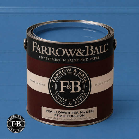 Farrow & Ball Pea Flower Tea No.CB12 Estate Emulsion paint colour sample and paint tin