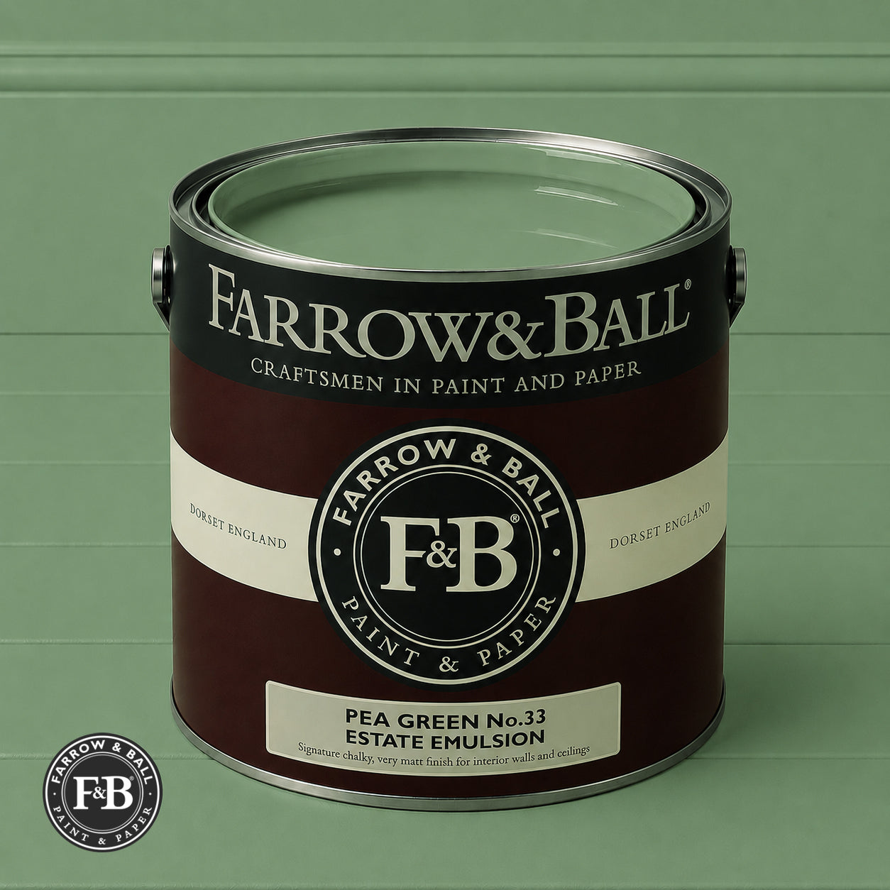 Farrow & Ball Pea Green No.33 Estate Emulsion paint colour sample and paint tin
