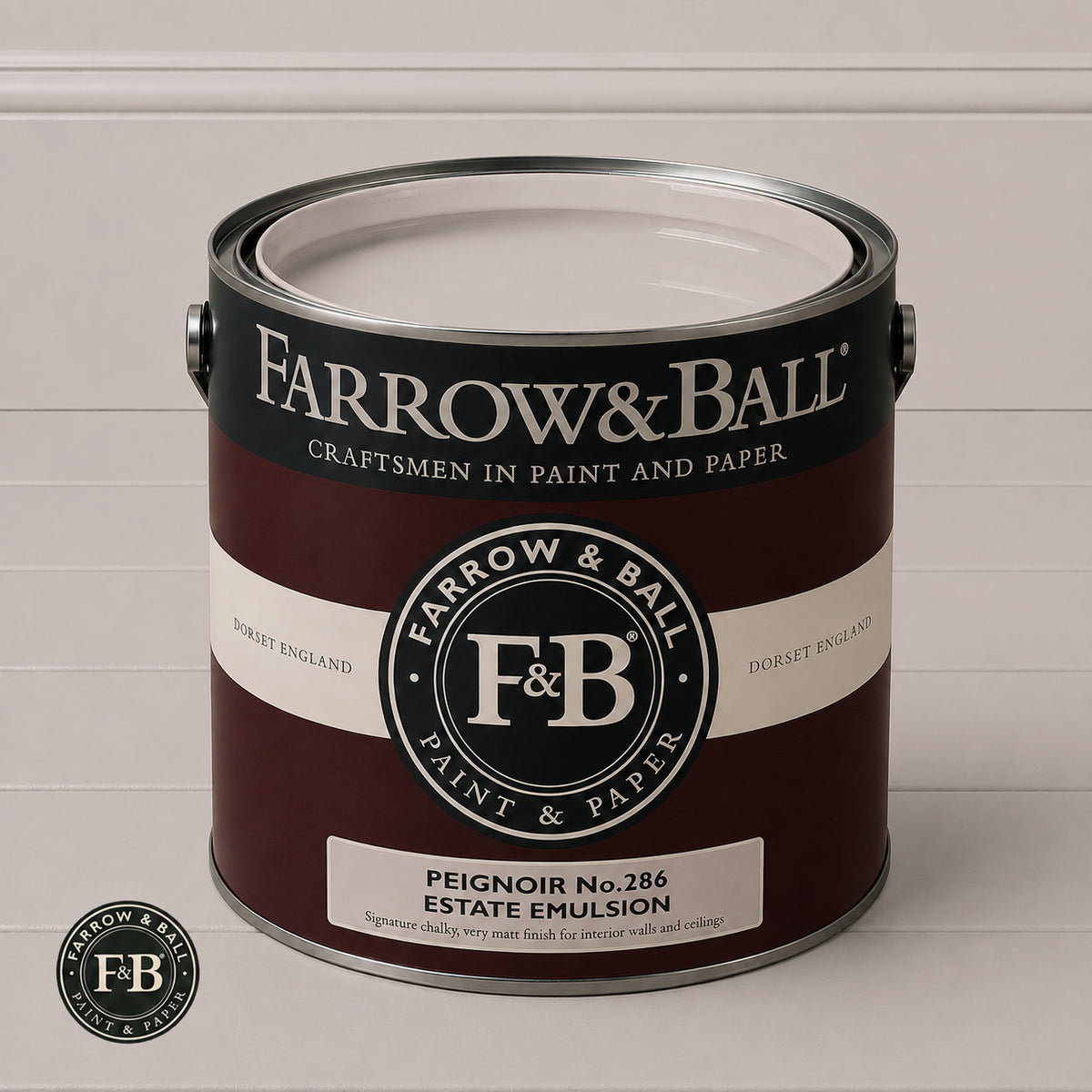 Farrow & Ball Peignoir No.286 paint colour in open paint tin