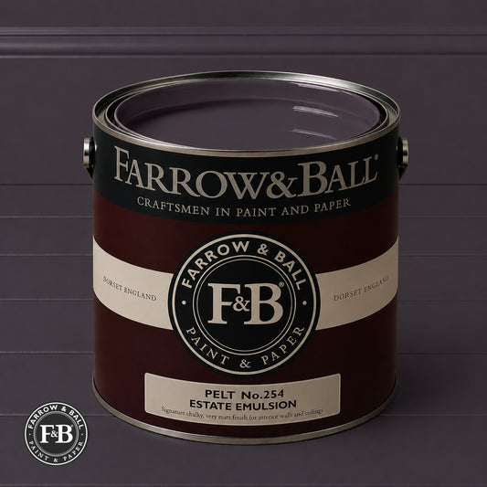 Farrow & Ball Pelt No.254 Estate Emulsion paint colour sample and paint tin

