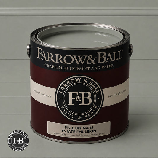 Farrow & Ball Pigeon No.25 paint colour in open paint tin