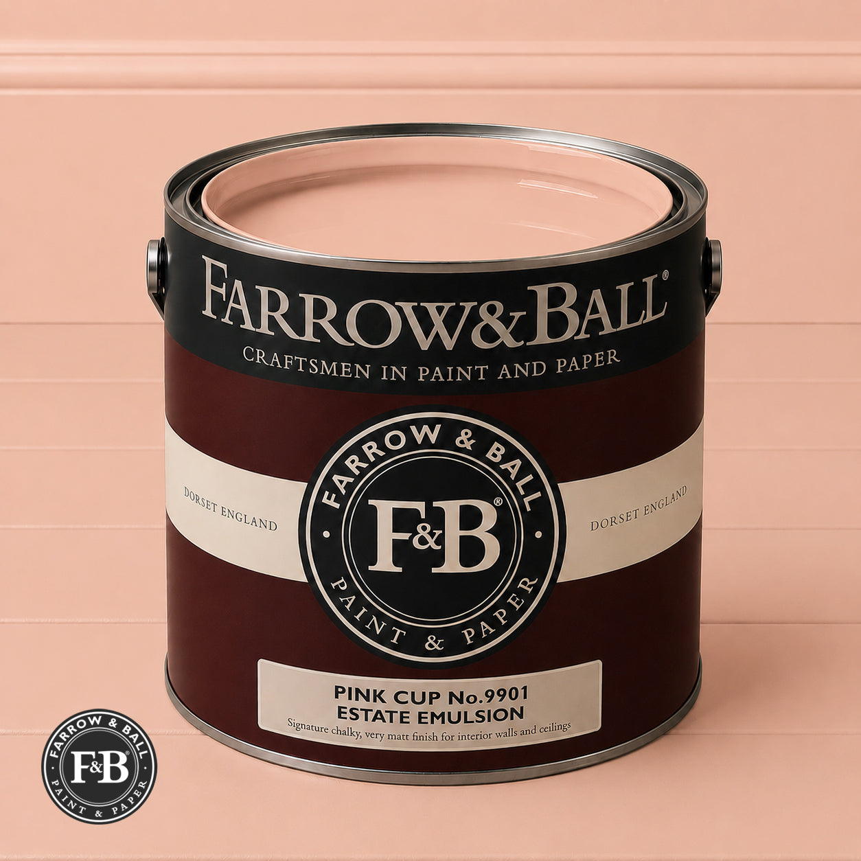 Farrow & Ball Pink Cup No.9801 Estate Emulsion paint colour sample and paint tin

