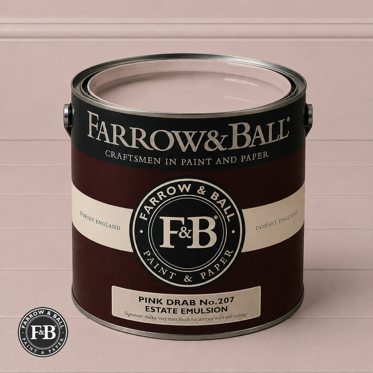 Farrow & Ball Pink Drab No.207 Estate Emulsion paint colour sample and paint tin
