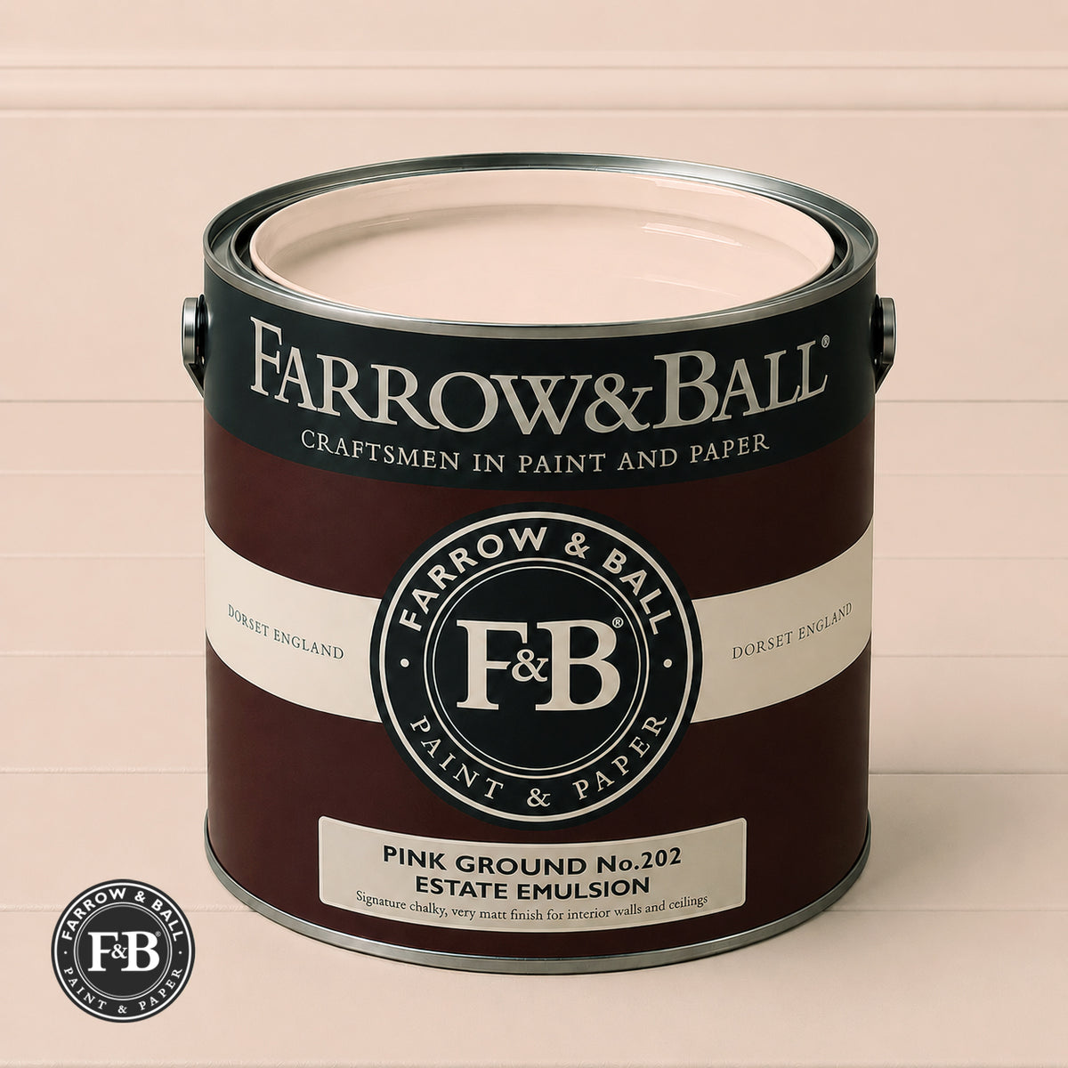 Farrow & Ball Pink Ground No.202 paint colour in open paint tin