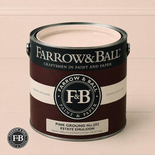 Farrow & Ball Pink Ground No.202 paint colour in open paint tin