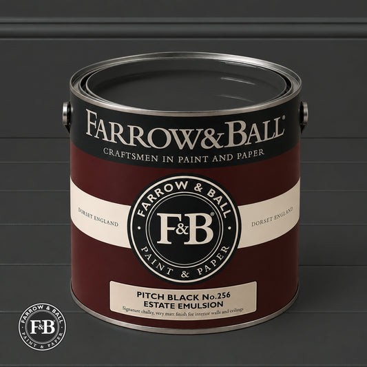 Farrow & Ball Pitch Black No.256 paint colour in open paint tin