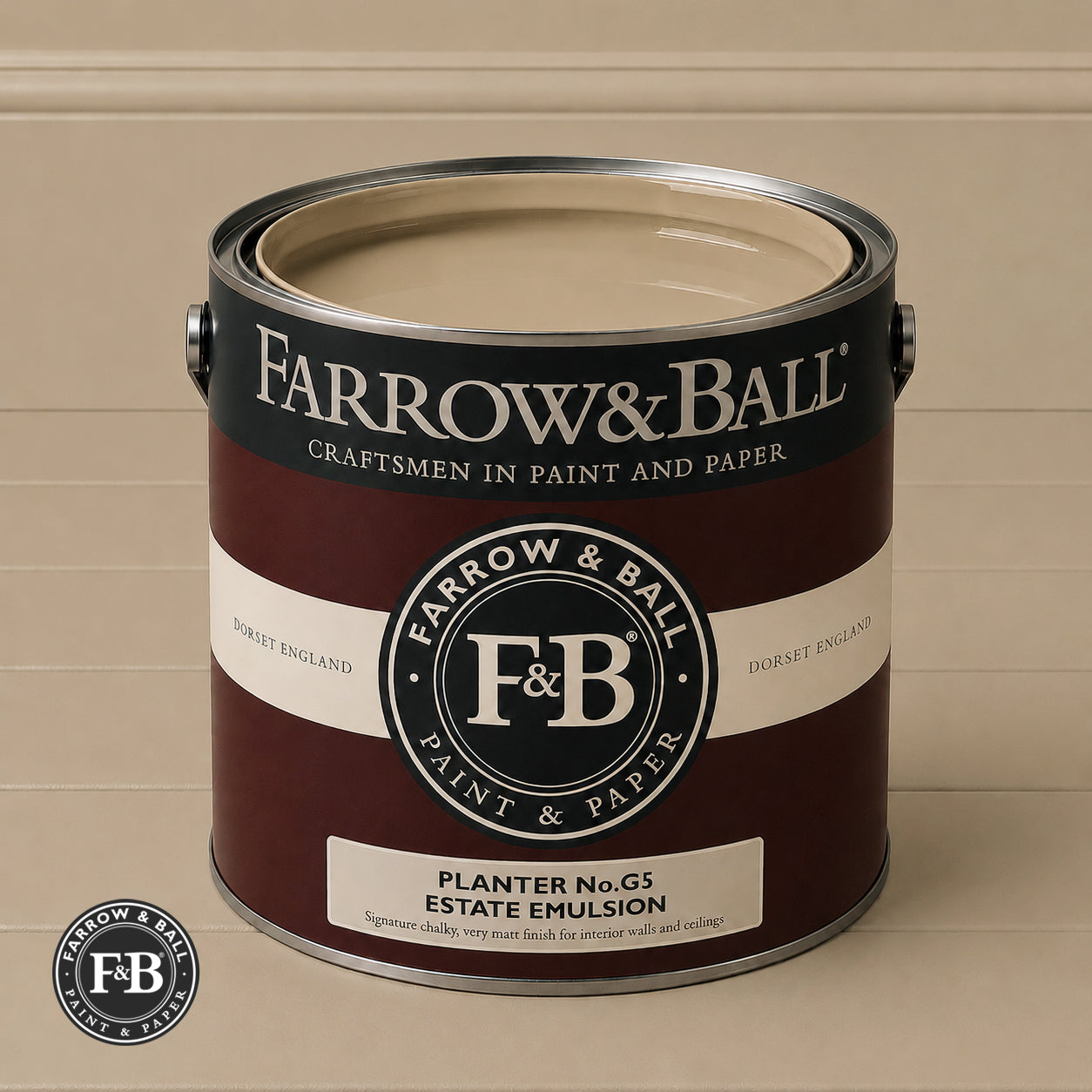 Farrow & Ball Planter No.G5 Estate Emulsion paint colour sample and paint tin