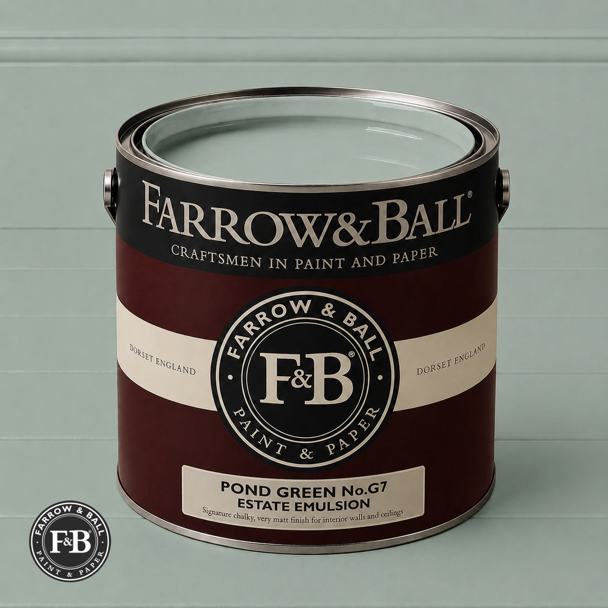 Farrow & Ball Pond Green  No.G7 Estate Emulsion paint colour sample and paint tin
