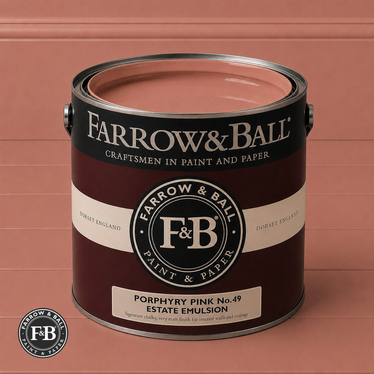 Farrow & Ball Porphyry Pink No.49 Estate Emulsion paint colour sample and paint tin
