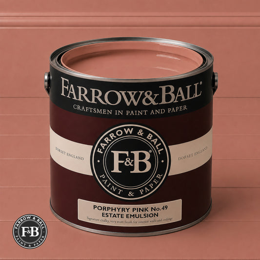 Farrow & Ball Porphyry Pink No.49 Estate Emulsion paint colour sample and paint tin
