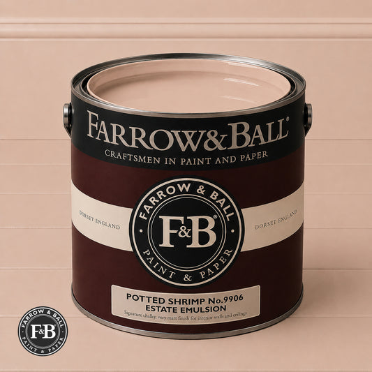 Farrow & Ball Potted Shrimp No.9906 Estate Emulsion paint colour sample and paint tin
