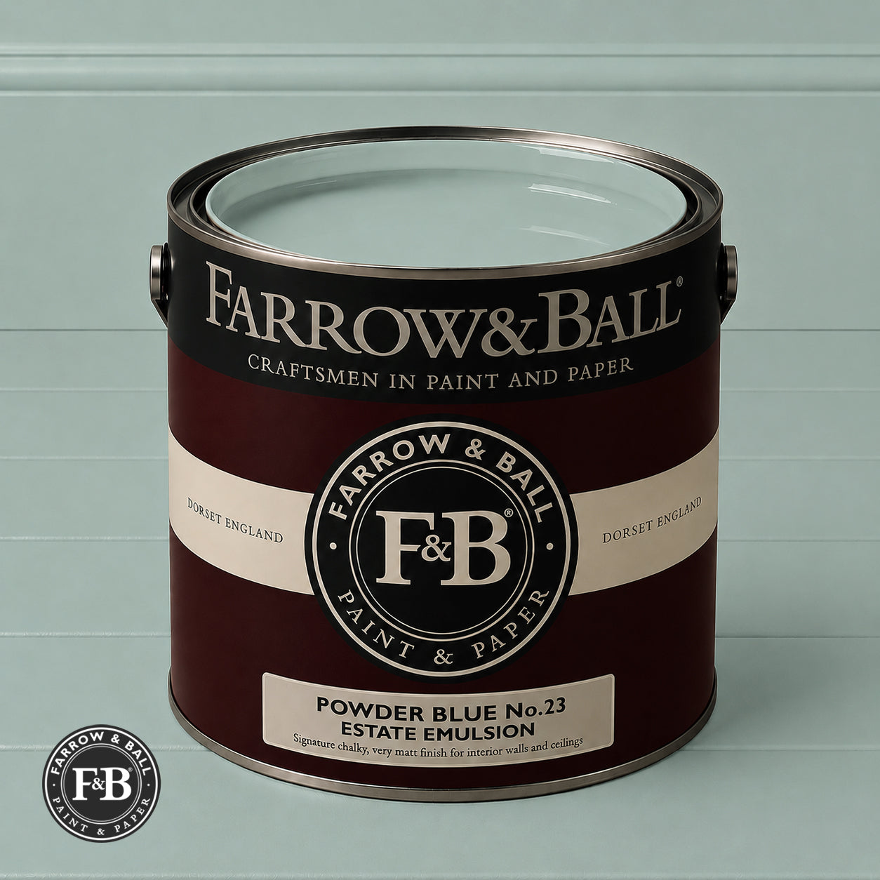 Farrow & Ball Powder Blue No.23 Estate Emulsion paint colour sample and paint tin

