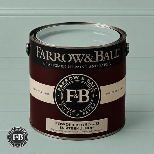 Farrow & Ball Powder Blue No.23 Estate Emulsion paint colour sample and paint tin
