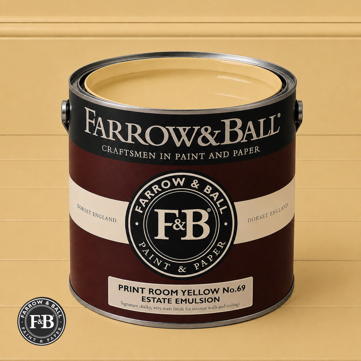 Farrow & Ball Print Room Yellow No.69 Estate Emulsion paint colour sample and paint tin
