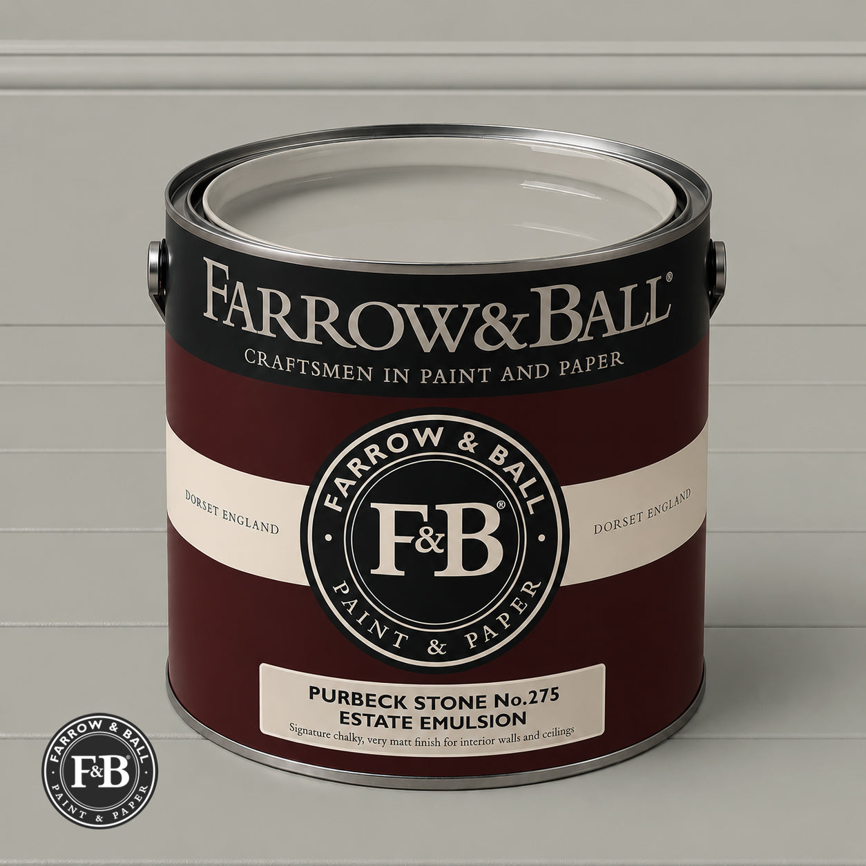 Farrow & Ball Purbeck Stone No.275 paint colour in open paint tin