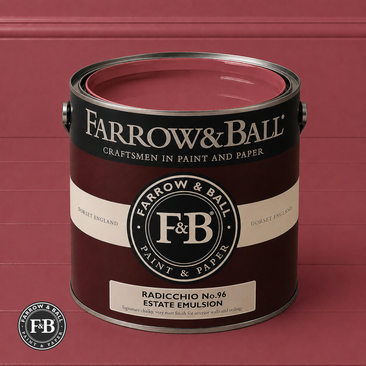 Farrow & Ball Radicchio No.96 Estate Emulsion paint colour sample and paint tin
