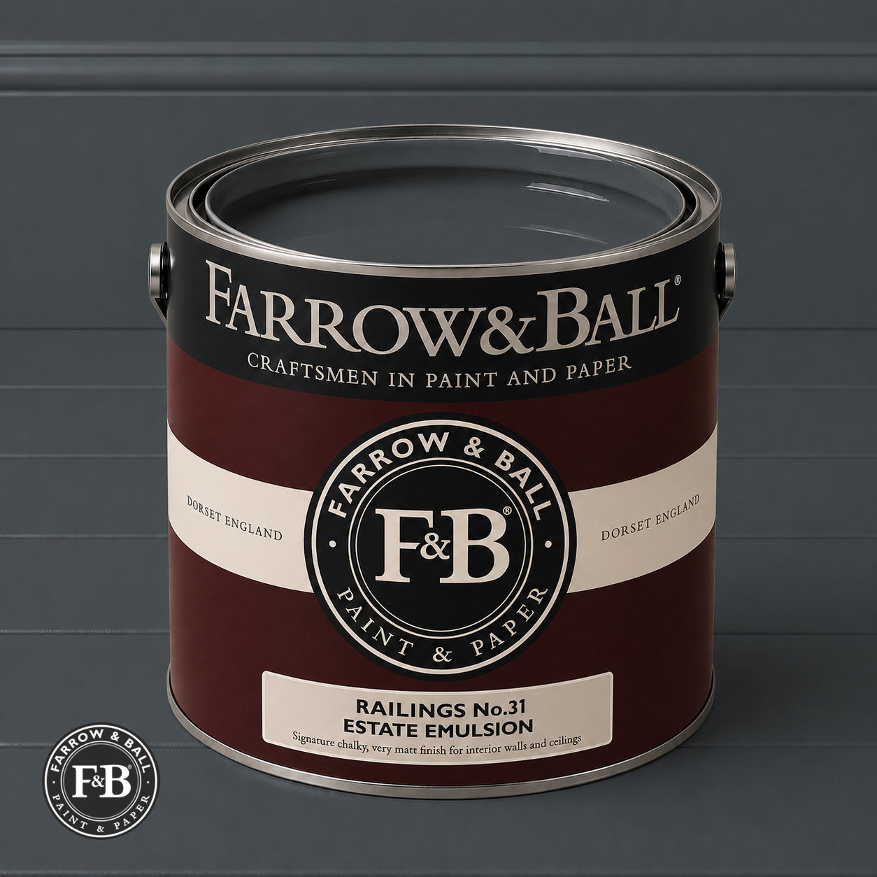 Farrow & Ball Railings No.31 paint colour in open paint tin