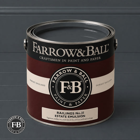 Farrow & Ball Railings No.31 paint colour in open paint tin
