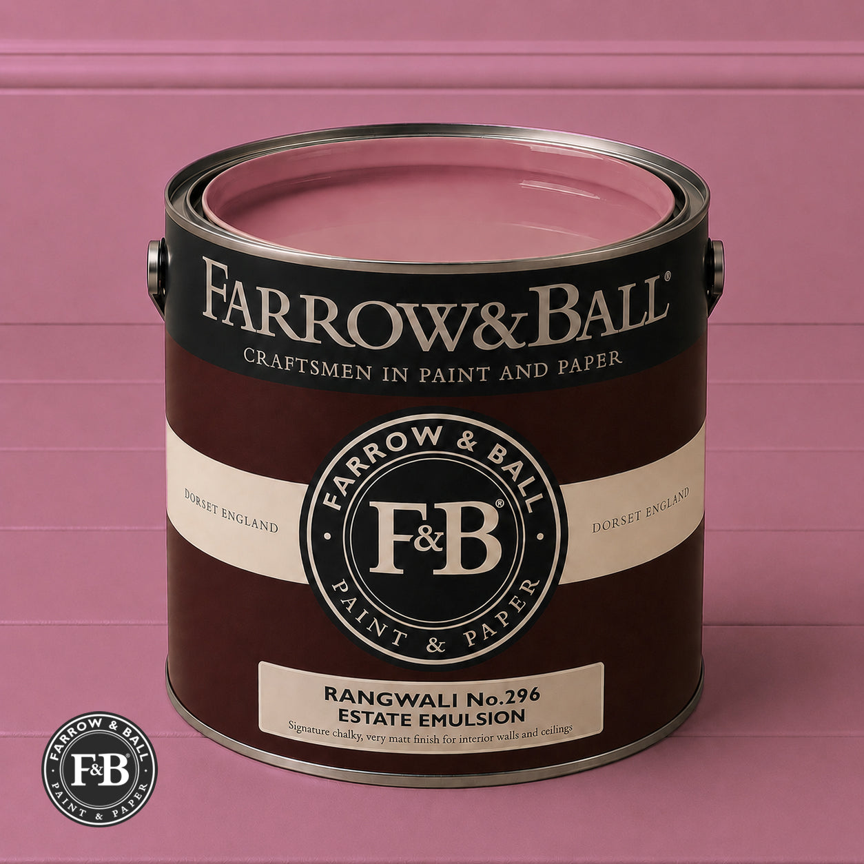 Farrow & Ball Rangwali No.296 Estate Emulsion paint colour sample and paint tin
