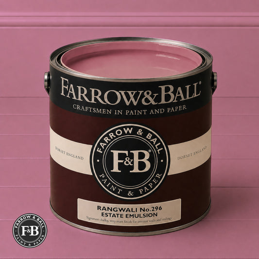 Farrow & Ball Rangwali No.296 Estate Emulsion paint colour sample and paint tin

