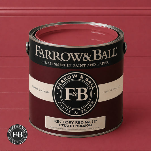Farrow & Ball Rectory Red No.217 Estate Emulsion paint colour sample and paint tin
