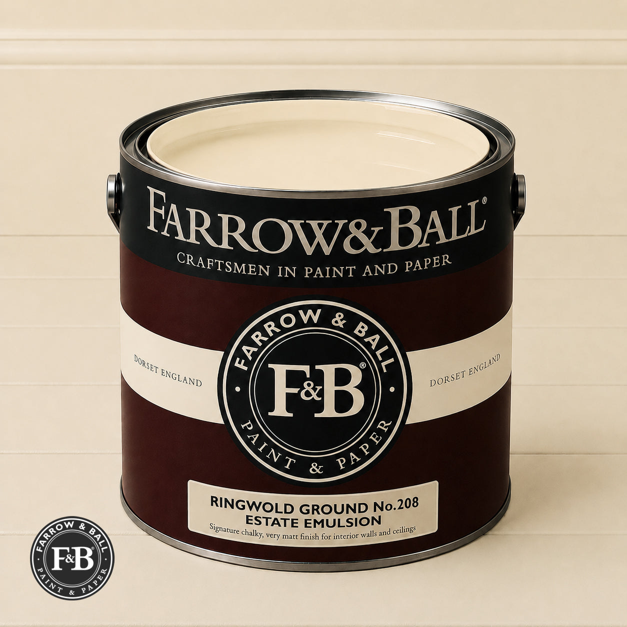 Farrow & Ball Ringwold Ground No.208 Estate Emulsion paint colour sample and paint tin
