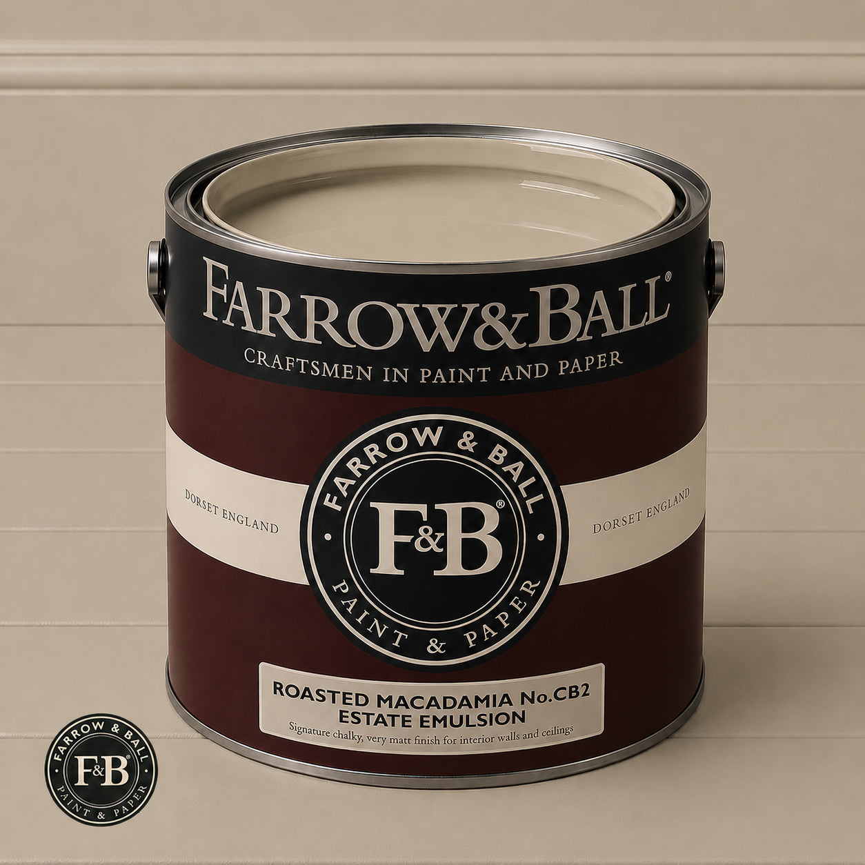 Farrow & Ball Roasted Macadamia No.CB2 Estate Emulsion paint colour sample and paint tin

