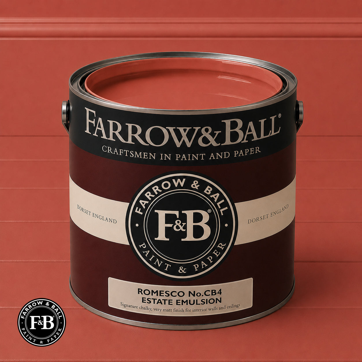 Farrow & Ball Romesco No.CB4 Estate Emulsion paint colour sample and paint tin
