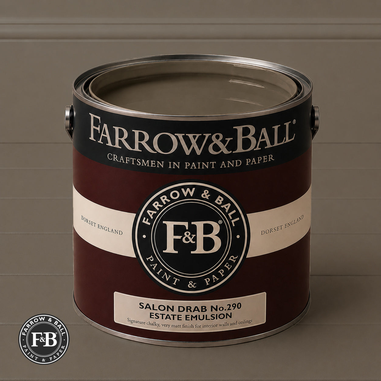 Farrow & Ball Salon Drab No.290 Estate Emulsion paint colour sample and paint tin