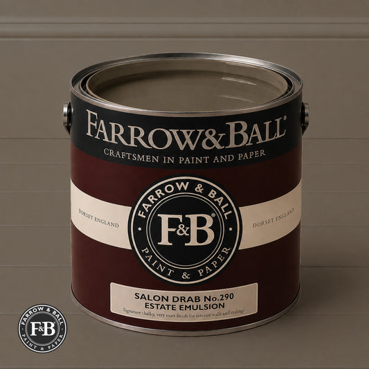 Farrow & Ball Salon Drab No.290 Estate Emulsion paint colour sample and paint tin