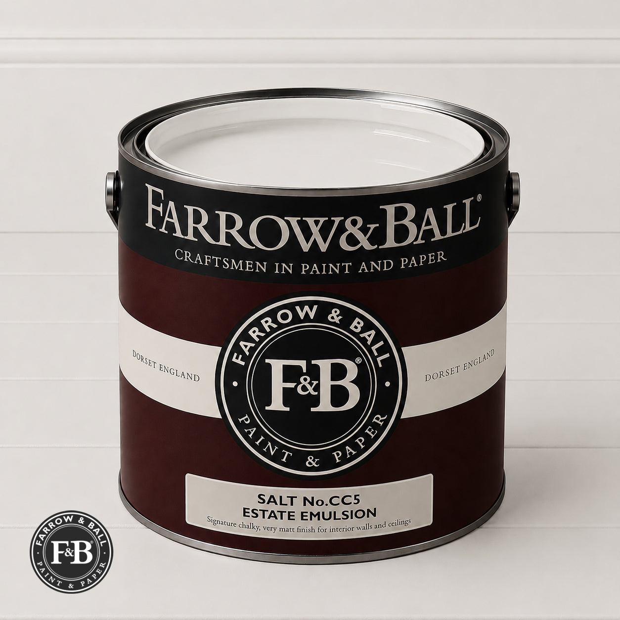 Farrow & Ball Salt No.CC5 Estate Emulsion paint colour sample and paint tin
