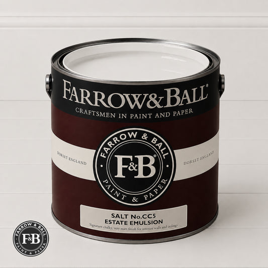 Farrow & Ball Salt No.CC5 Estate Emulsion paint colour sample and paint tin
