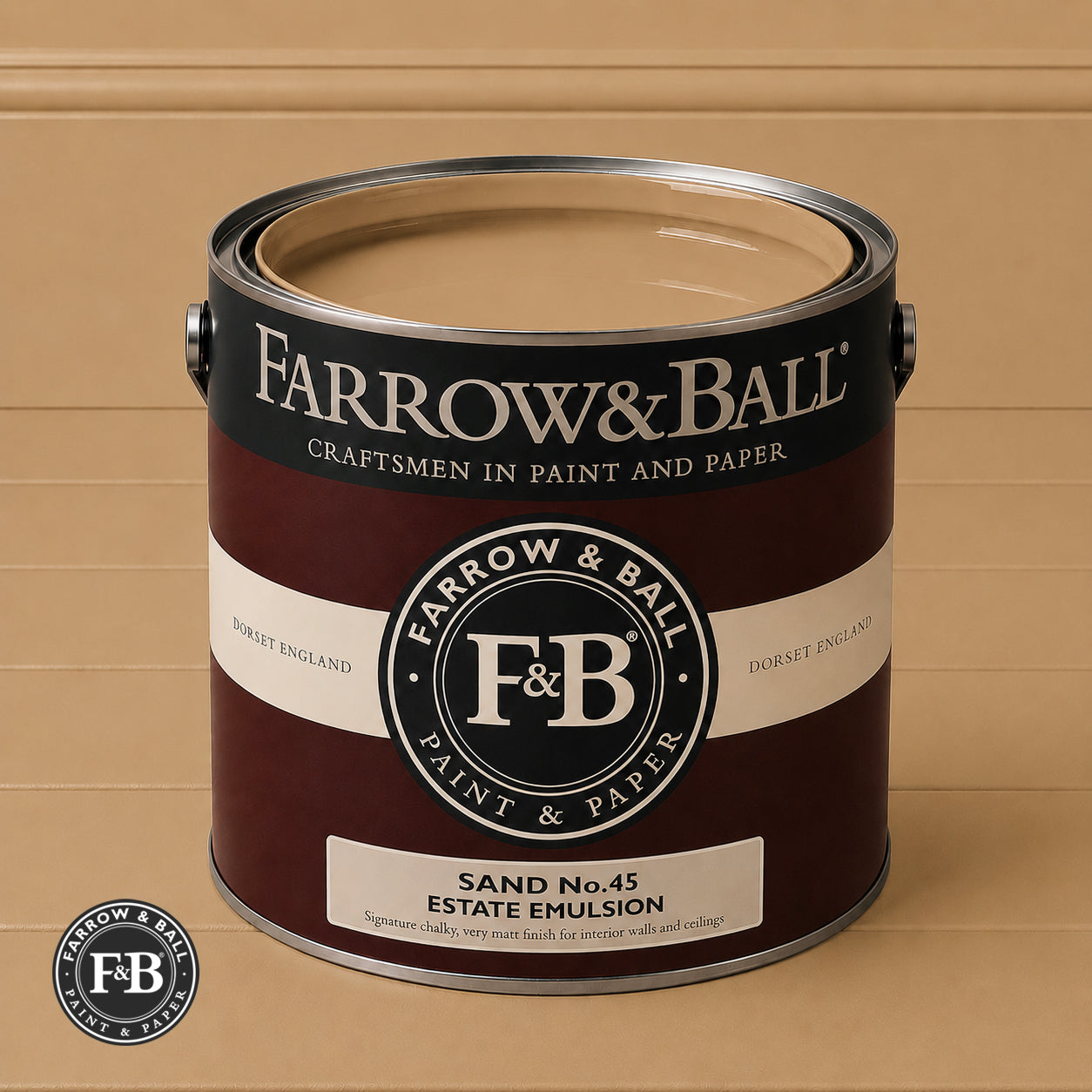 Farrow & Ball Sand No.45 paint colour in open paint tin