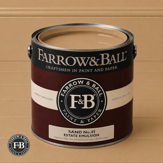 Farrow & Ball Sand No.45 Estate Emulsion paint colour sample and paint tin
