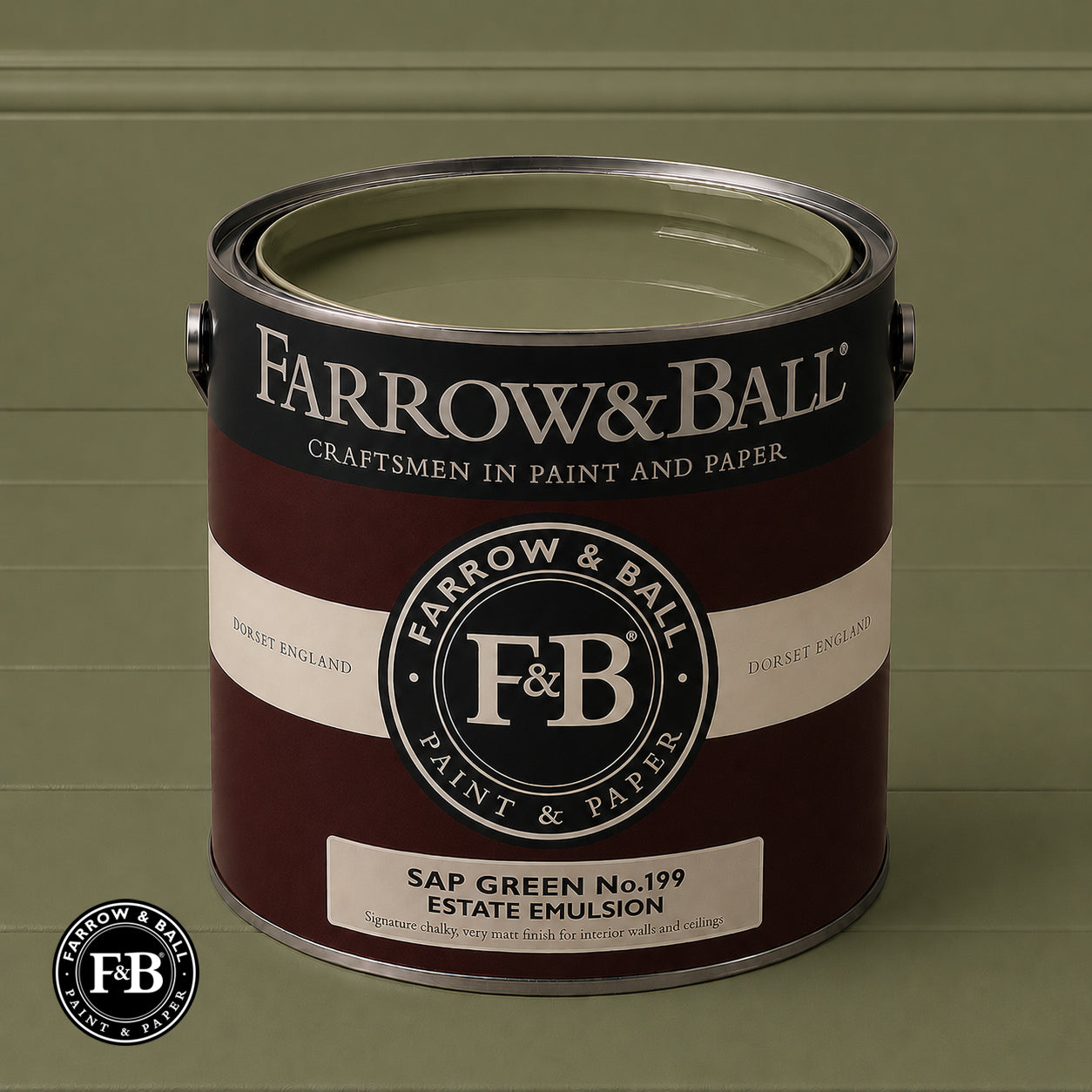 Farrow & Ball Sap Green No.199 Estate Emulsion paint colour sample and paint tin
