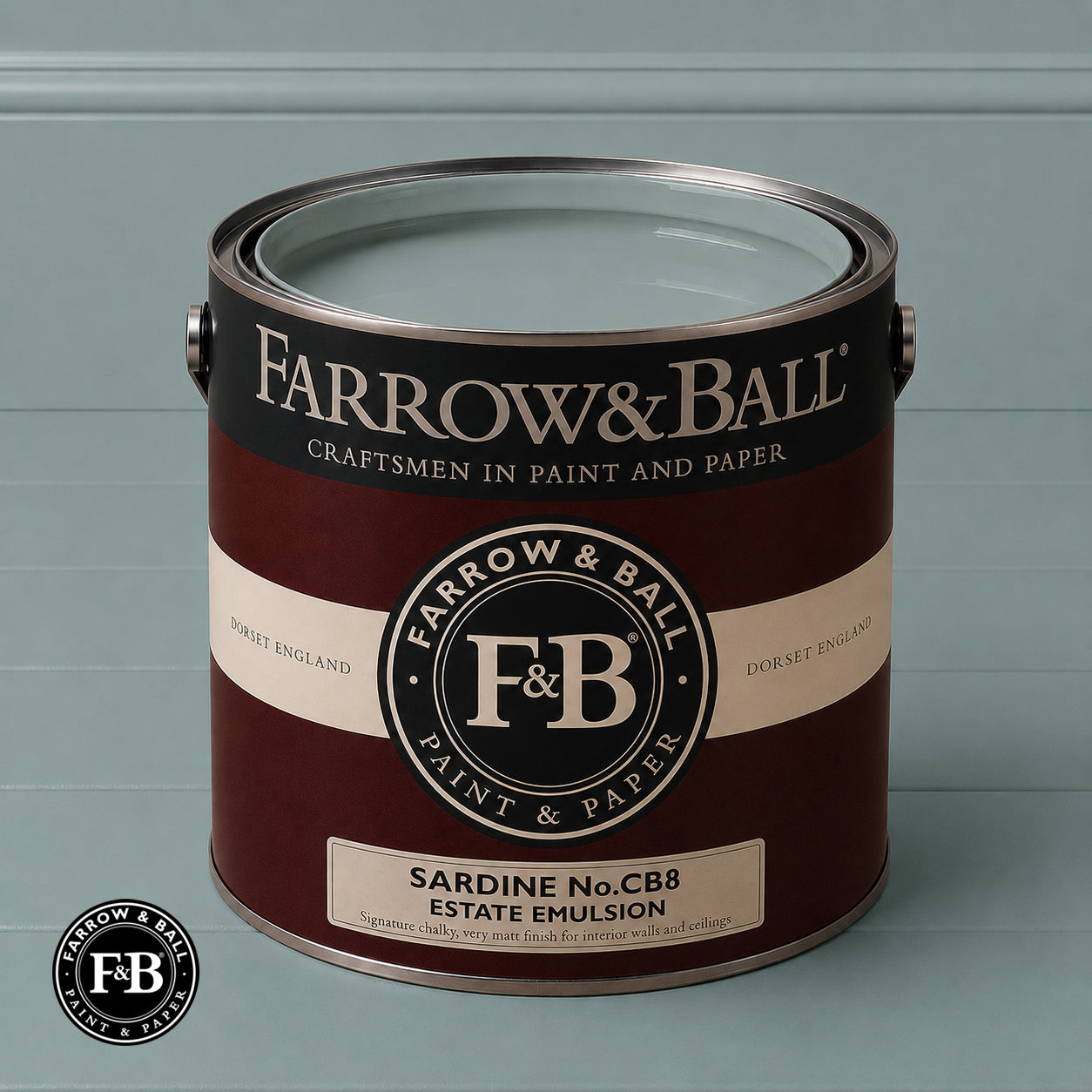 Farrow & Ball Sardine No.CB8 Estate Emulsion paint colour sample and paint tin