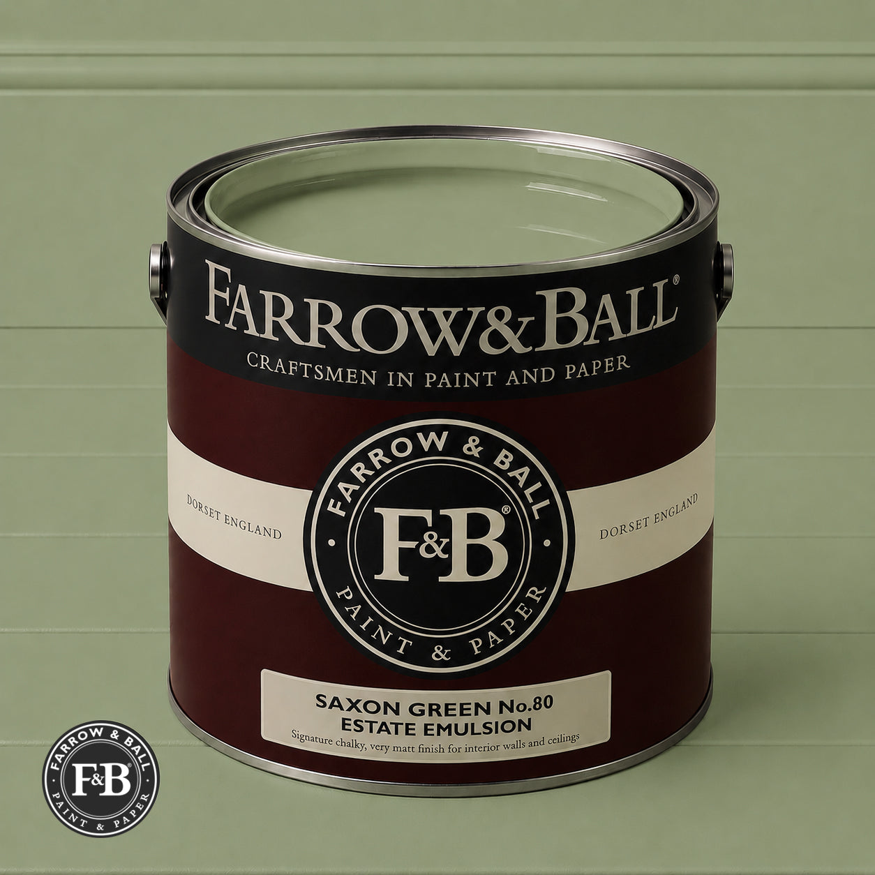 Farrow & Ball Saxon Green No.80 Estate Emulsion paint colour sample and paint tin
