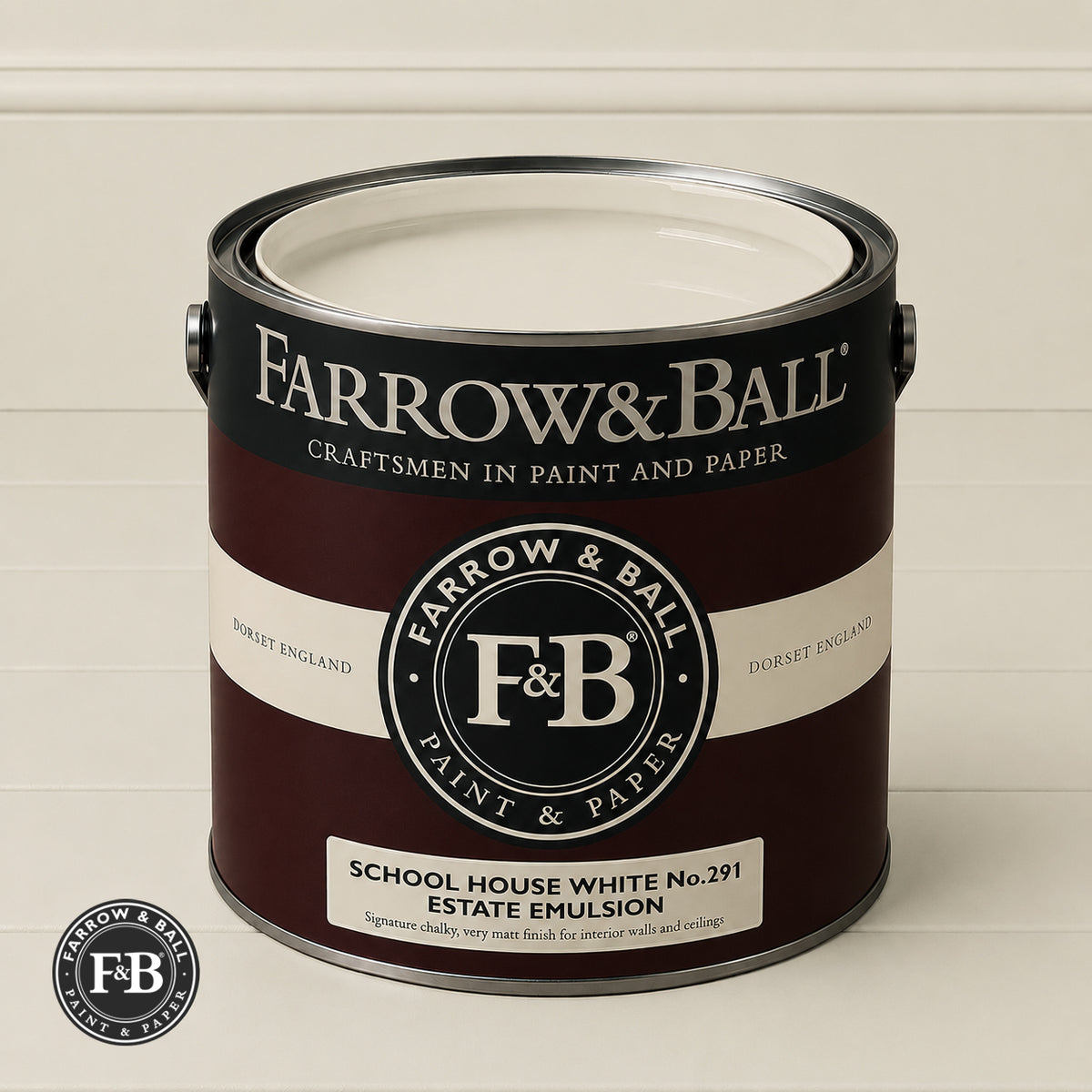 Farrow & Ball School House White No.291 paint colour in open paint tin
