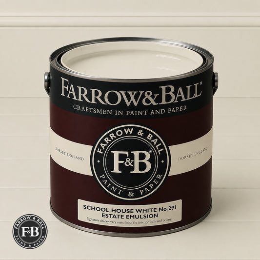 Farrow & Ball School House White No.291 paint colour in open paint tin