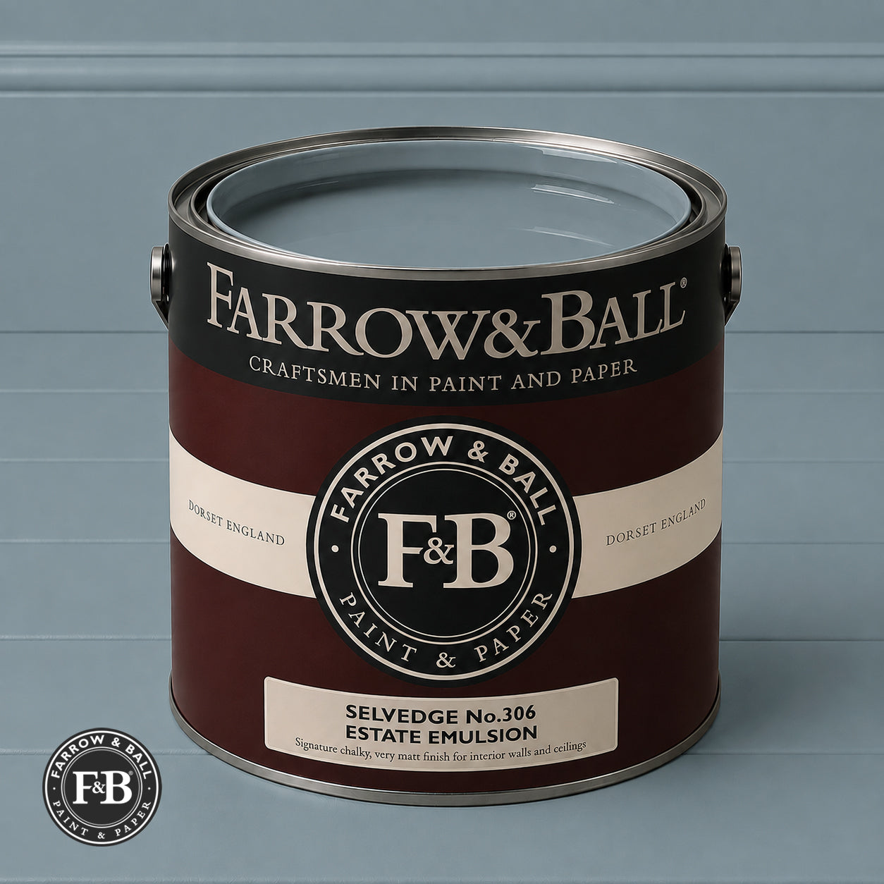 Farrow & Ball Selvedge No.306 paint colour in open paint tin