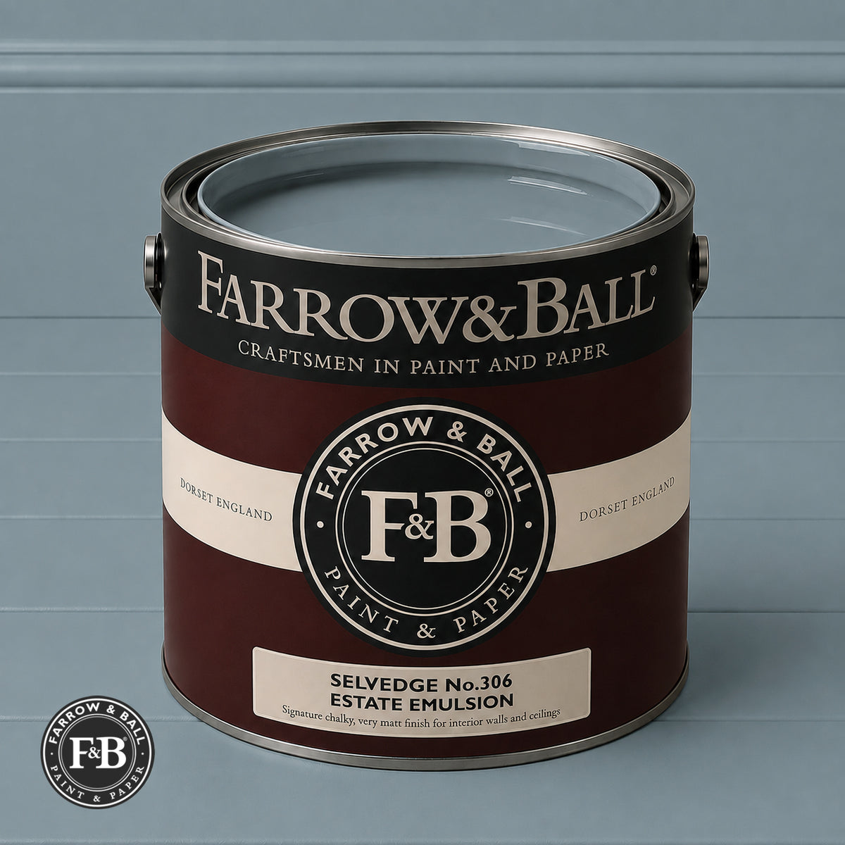 Farrow & Ball Selvedge No.306 paint colour in open paint tin