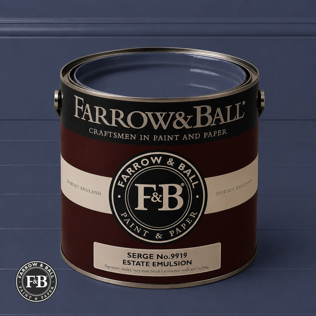 Farrow & Ball Powder Serge No.9919 Estate Emulsion paint colour sample and paint tin
